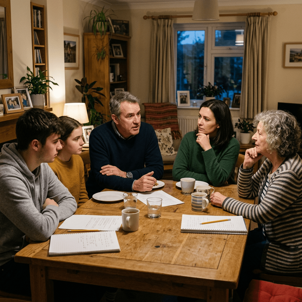 Five family members sitting around a wooden dining table, engaged in discussion with papers and notebooks